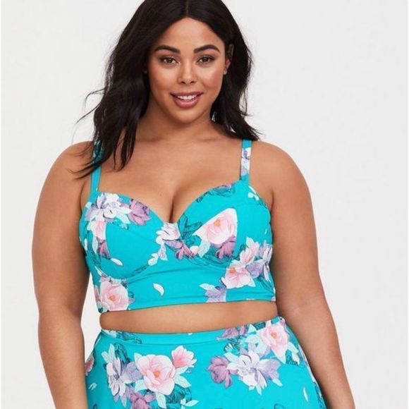 Torrid Aqua Floral Underwire Bikini Top Teal Green Size 5R Convertible Strap - Picture 1 of 8